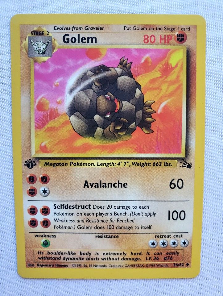 1st Edition Pokemon GOLEM 36/62 Fossil Regular Pokémon TCG WOTC Non Holo Clean!