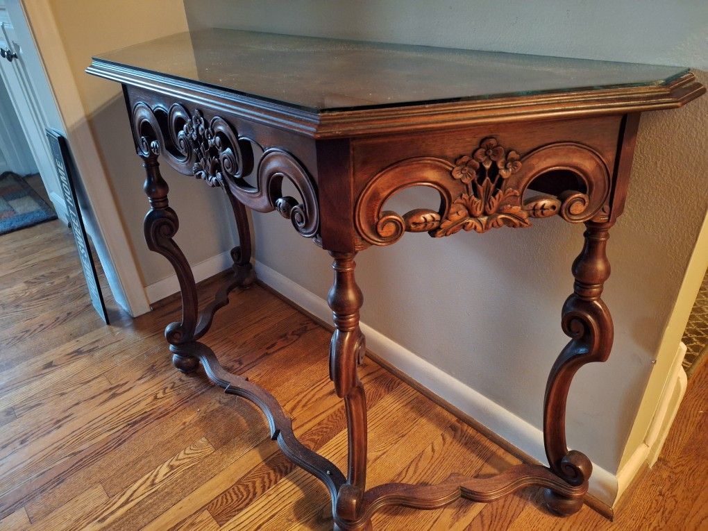 Antique Wood Console Table With Glass Top