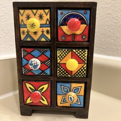 Wood Ceramic Porcelain Apothecary Spice Cabinet Box Tea Jewelry 6 Drawers