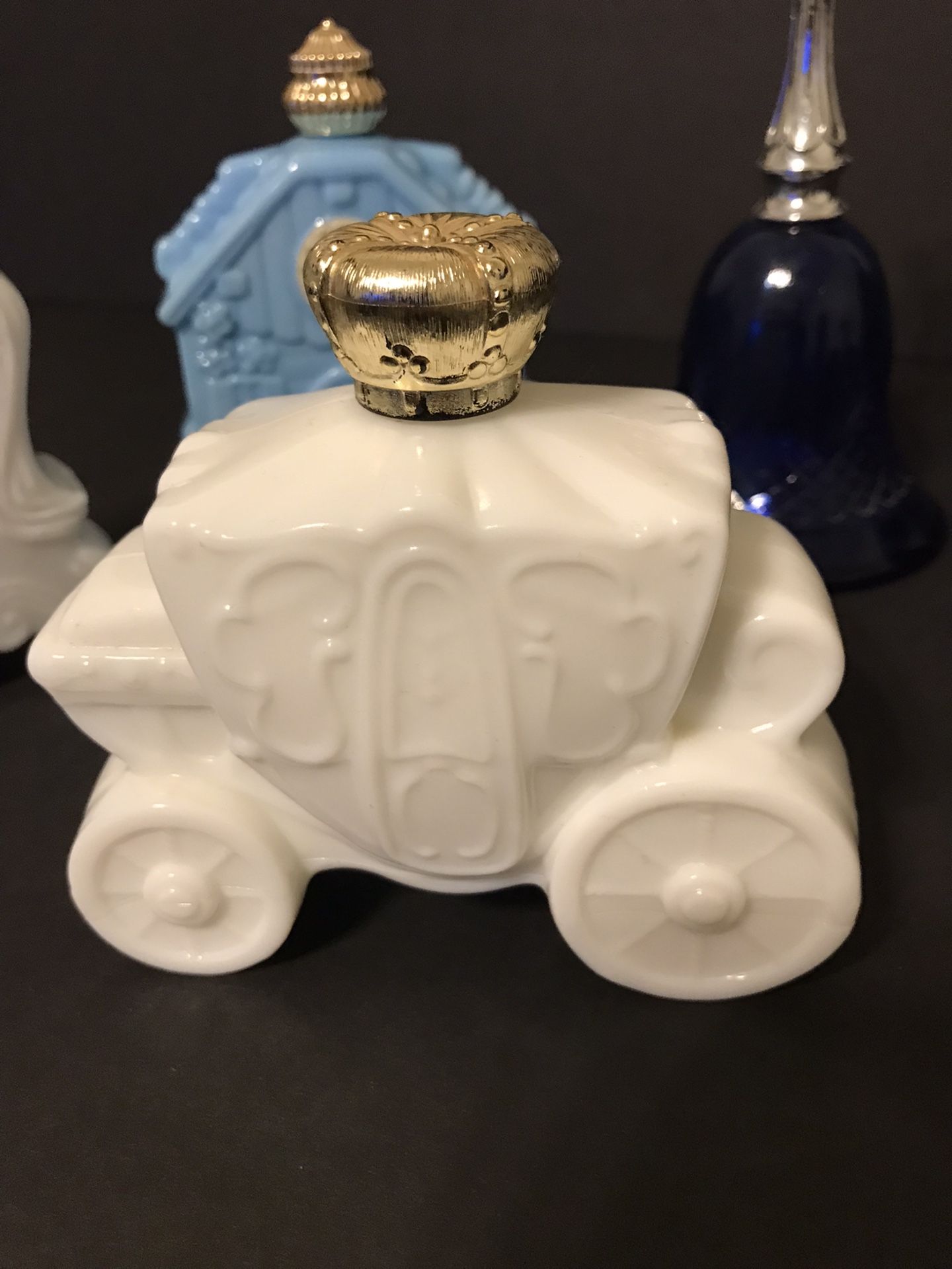 4 Vintage Avon Fairytale Bottles- 2 Large Clocks, 1 Stagecoach, 1 Blue Bell