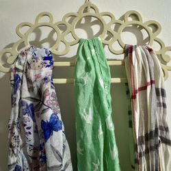 3 Woman’s Scarves (Butterfly, Bird, Plaid) & Scarf Hanger 