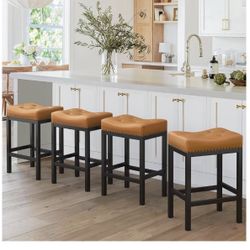 LUE BONA ) four counter height bar stools, 24-inch backless bar stools, For kitchen countertop, leather counter stools Synthetic with black metal legs