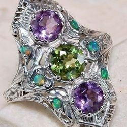 925 Sterling Silver Amethyst & Peridot Vintage Ring - Size 7