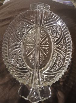Vintage Anchor Hocking clear pressed glass divided relish dish in the classic "Stars & Bars" pattern (also widely known as the Thousand Line pattern