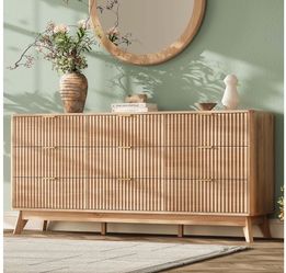 63" Wide 9 Drawers Dresser for Bedroom, Modern Fluted Vertical Chest with Rounded Corners, Fluted Dresser for Living Room, Hallway, Natural Wood