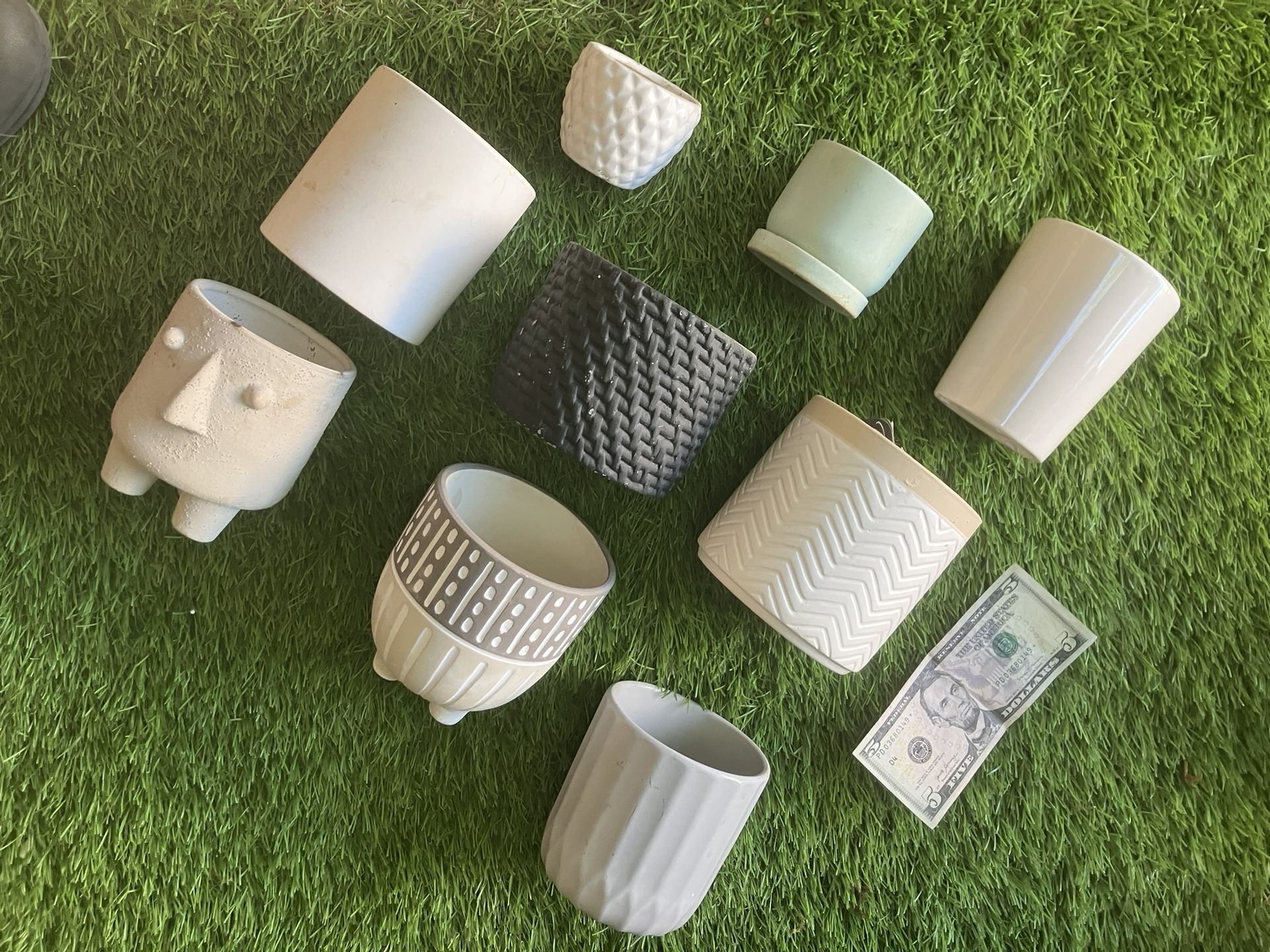 Like new - 10 neutral color beige, grey, black, sandstone ceramic planter pots 2” to 5” plant pot $30 for Lot $4 each