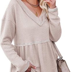 Foshow Women's Waffle V Neck Tunic Peplum Fall Flowy Swing Babydoll Dress Tops Loose Long Sleeve Pullover Sweaters