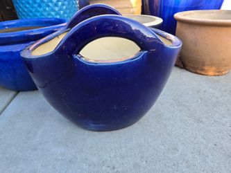 Blue Ceramic Planter With Hand Holds