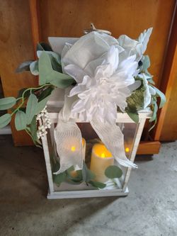 Lantern With 2 Candles And Flowers  Used Once For A Wedding. 