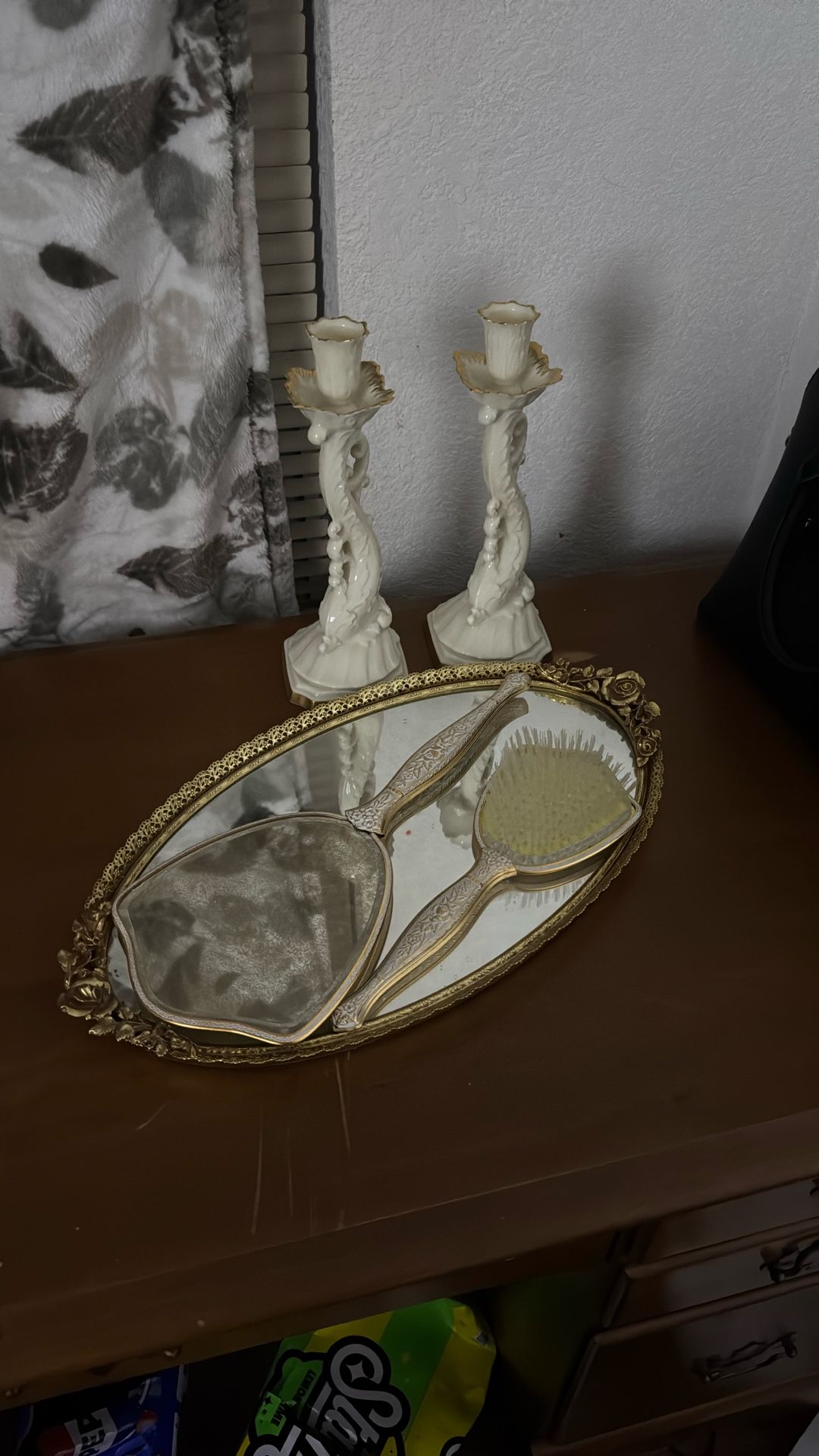 Antique Candles Holder And Mirror And Brush Set