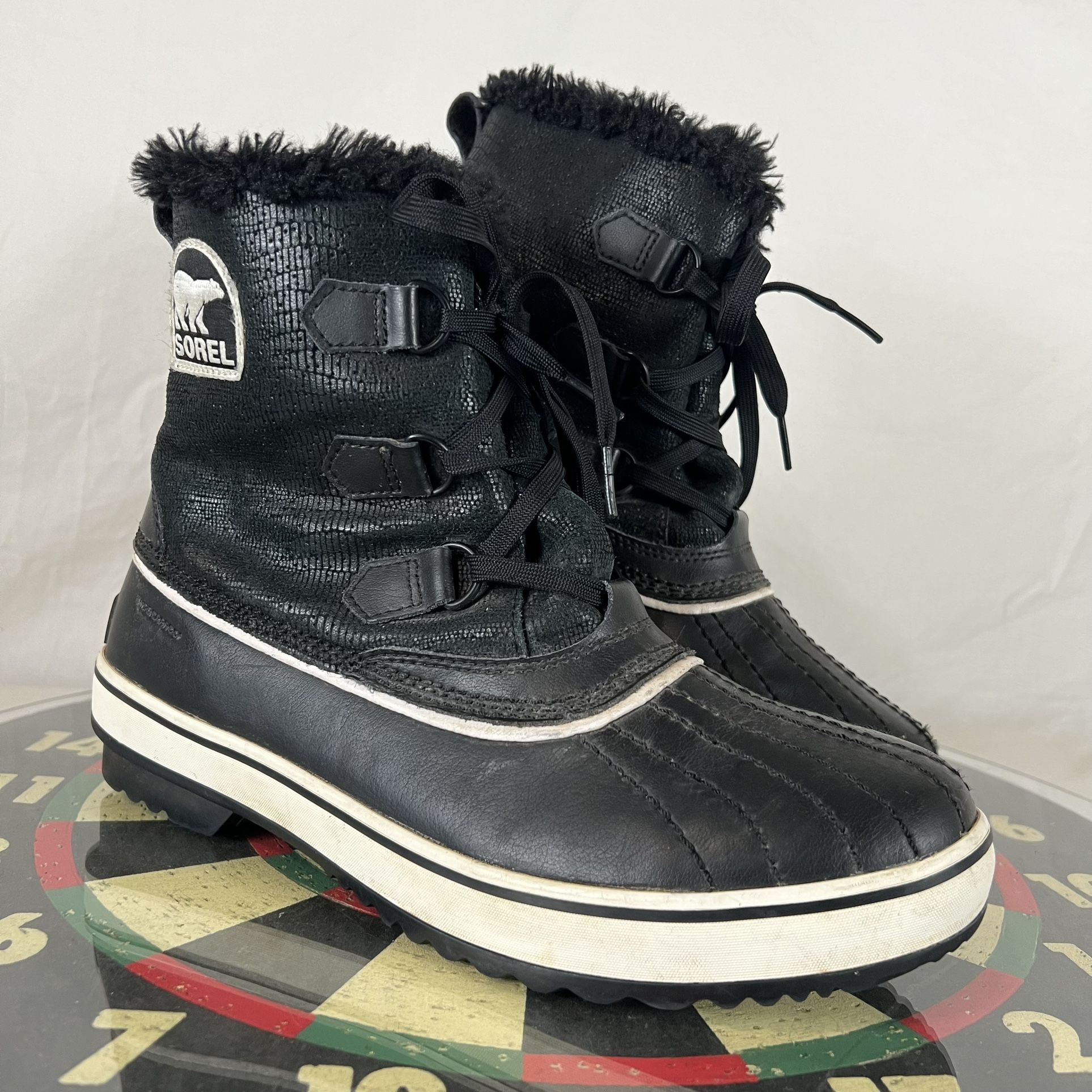 Sorel Tivoli Snow Boot Waterproof Lace Up Faux Fur Black Rubber Womens Size 10.5