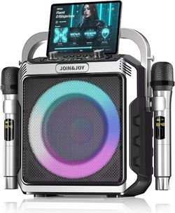 Portable Karaoke Machine, with 2 Wireless Microphones & LED Lights Bluetooth Party Speaker with Loud Subwoofer, USB/AUX, Outdoor Karaoke Speaker for A