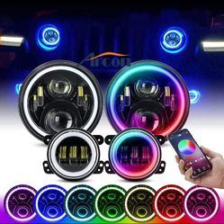 RGB 7" LED Headlights 4'' Fog Lights Kits For Jeep Wrangler JK JKU 07-17 Combo