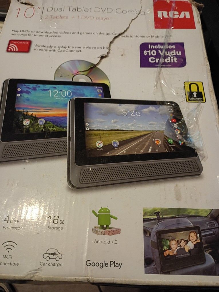 RCA. 10" DUAL TABLET DVD COMBO 2 TABLET + 1 DVD PLAYER FOR CARS