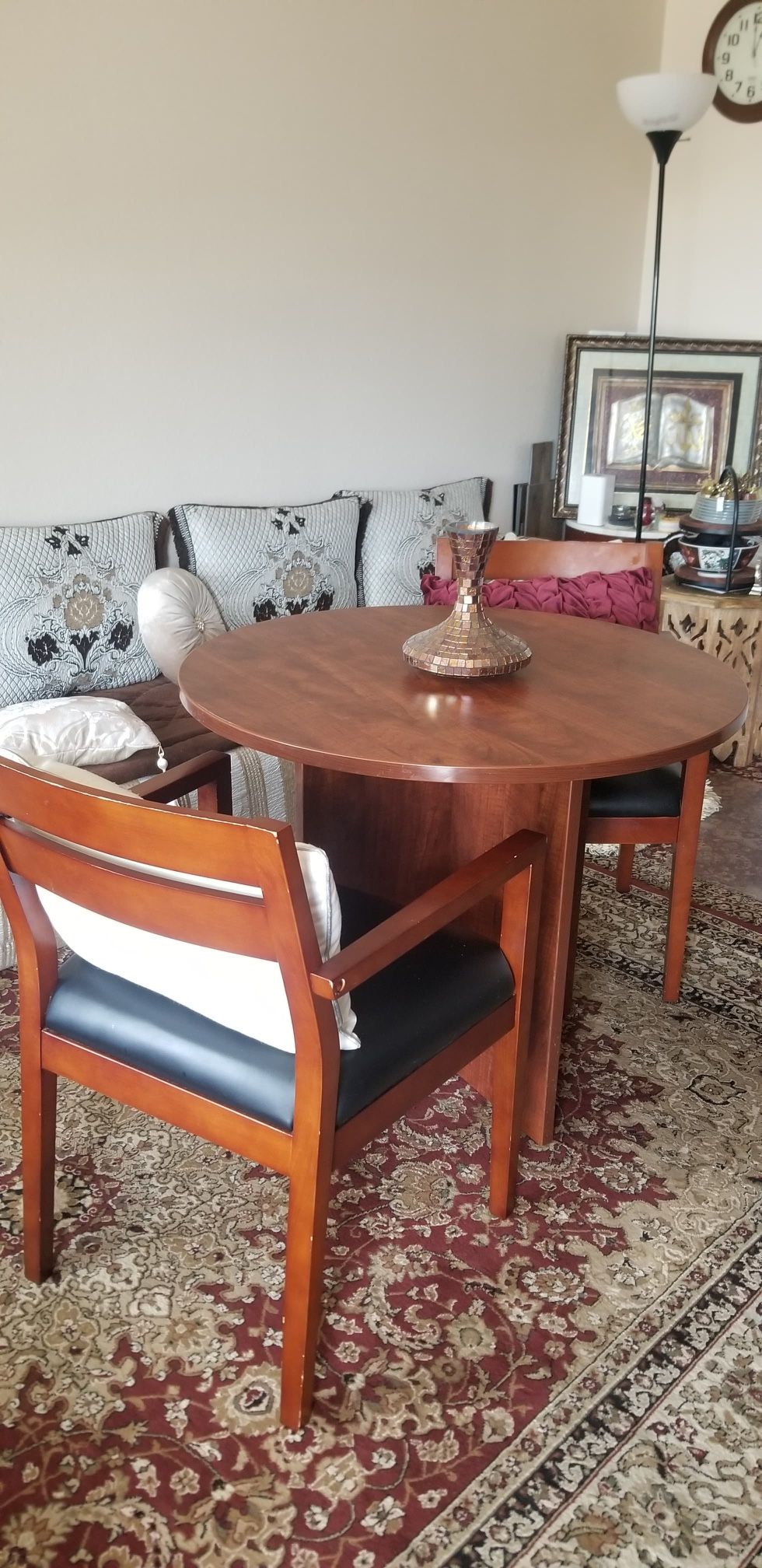 Table With 2 Wood And Leather Chairs