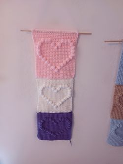 Handmade Crocheted Girls Triple Hearts Wall Hanging 