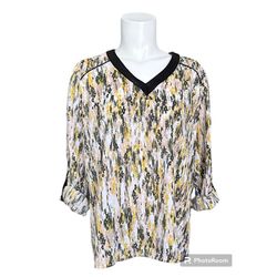 41 Hawthorn Green Yellow Print Roll Tab Sleeve Blouse Top Vegan Leather Trim Sz L