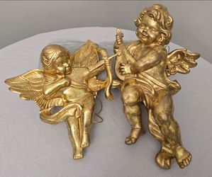 2 Vtg Large 12" 16" Gold Painted blow molded Cherub Angel Decor Hanging Figures