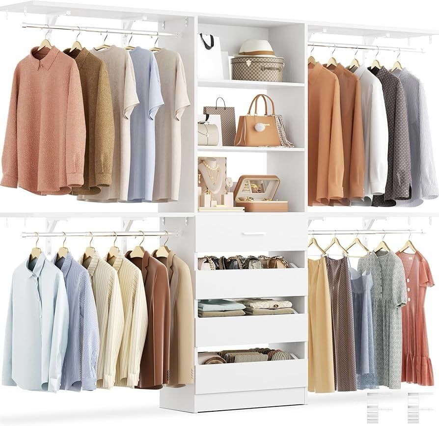 Closet System with 4 Drawers, 8FT Wood Closet Organizer System, 96’’ Closets Built In System Tower with Shelves, Walk-in Closets Wardrobe Clothes Garm