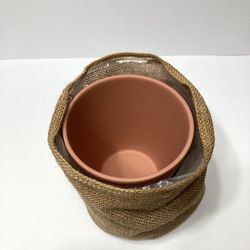 Striped Ceramic Plant Pot and Crochet Pot Holder