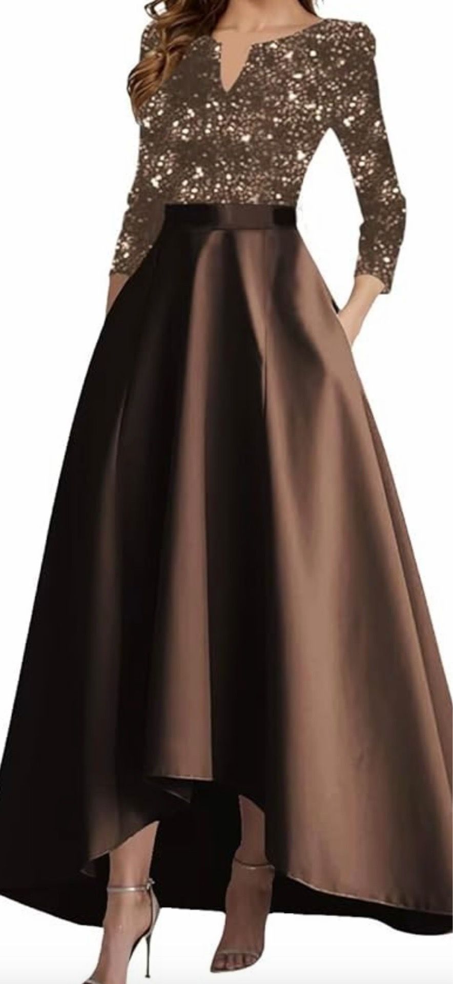 Brown sequin long sleeve high-low gown dress