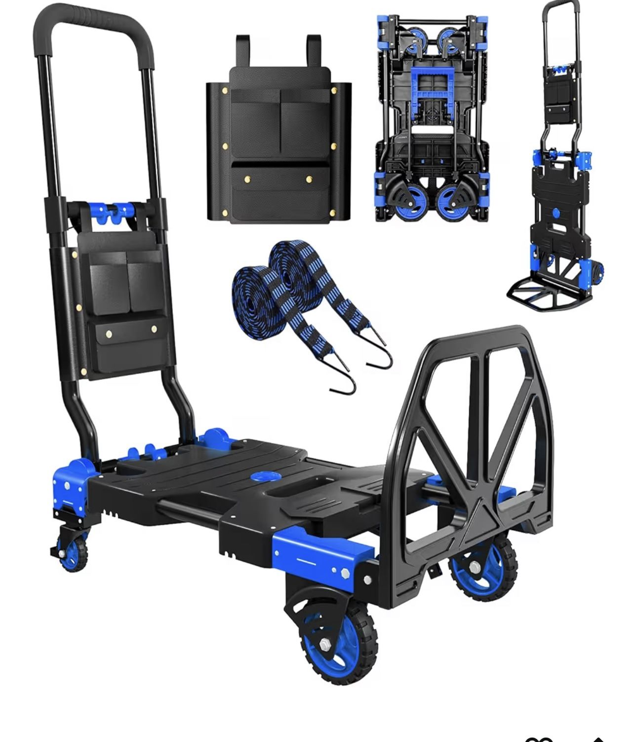 Folding Hand Truck, 2 in 1 Portable Heavy Duty Carrying Moving Dolly Cart with 4 Foldable Wheels and Retractable Handle Duty 330lbs