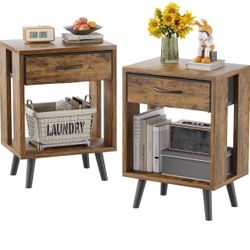 GYIIYUO Nightstand Set of 2 with Fabric Drawers and Open Shelves - Rustic Bedroom Side Tables Amazon's Choice 