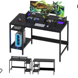 Computer Desk - 38” Gaming Desk, Home Office Desk with Storage, Small Desk with Monitor Stand, Writing Desk for 2 Monitors, Black