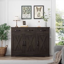 Modern Farmhouse Buffet Sideboard Cabinet, Barn Doors Storage Cabinet with Drawers and Shelves, Wood Coffee Bar with Storage for Dining Room, Kitchen,