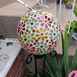 36" Colorful Mosaic Glass Gazing Ball W/Metal Holder Stand Yard Decoration 