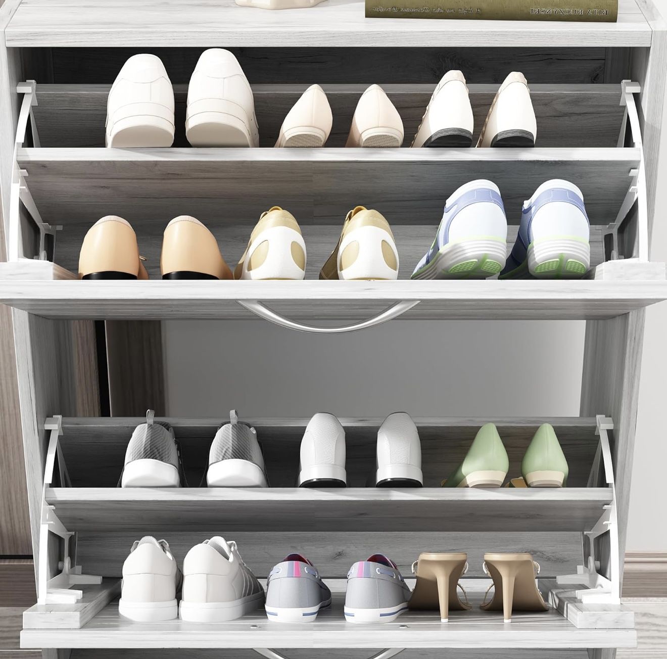 Entryway Shoe Cabinet with 2 Flip Drawers & Shutter Doors, Freestanding Shoe Storage Organizer Rack with Adjustable Shelves for Hallway Living Room, G