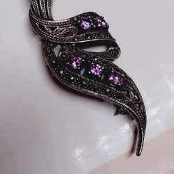 Sterling Silver Tanzanite And Marcasite Brooch