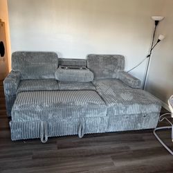 Pull Out Sectional 2-Piece Convertible Sectional Sleeper Sofa W/Fold-Down Table & Chaise Storage