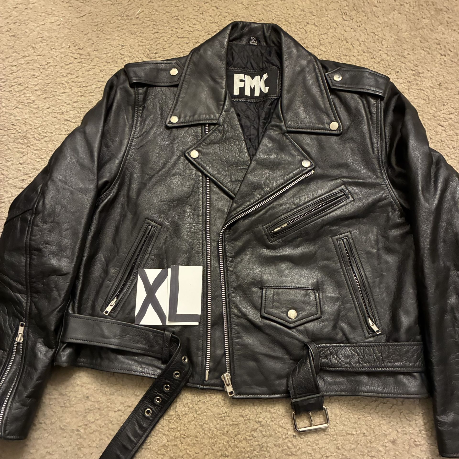 VTG FMC Jacket Women S Black Leather Motorcycle Biker Quilt Lined Belted Punk 90’s