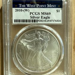 2010 (W) American Eagle Silver Dollar Struck At The West Point Mint PCGS MS69