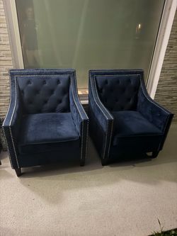 Pair of Navy Blue Velvet Tufted Accent Chairs