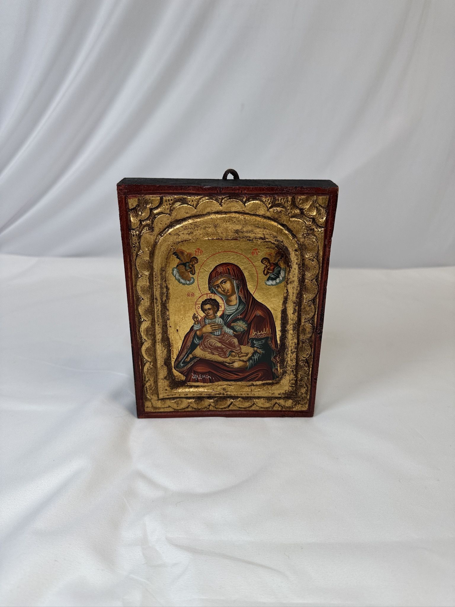  handmade Byzantine-style religious icon of the Virgin Mary (Theotokos) with Child Jesus.