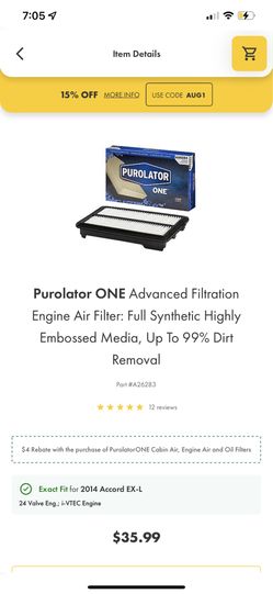 Purolator Aire Filter Motor Honda Accord 2014 