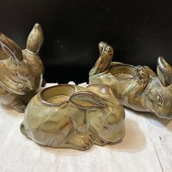 NEW Vintage Set of 3  Tealight Candle Holders Playful Baby Bunny Rabbit