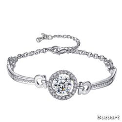 Silver Plated Cubic Zirconia Inlaid Adjustable Chain Bracelet Bangle