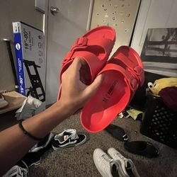 red birkenstock slides 