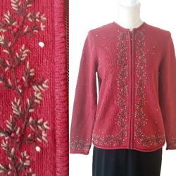 Holiday Sweater Croft and Barrow Embroidered Holly Berry Cardigan - Size Small