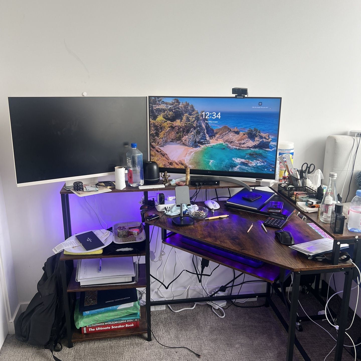 Corner Desk, Small Computer Desk with Power Outlets, Gaming Desk with LED Lights, Home Office Desk with Storage for Small Space, Black