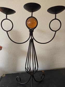 Vintage Wrought Iron Candle Holder Candelabra Amber Stone Crystal 