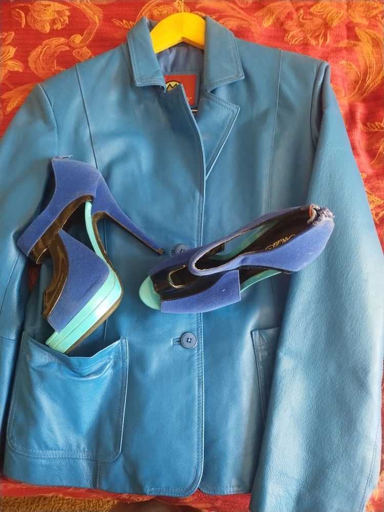Women's Soft Leather Blue Jacket N Matching Suede Heels
