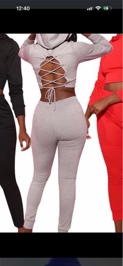Women's Lace-Up Back Crop Hoodie and Jogger Set