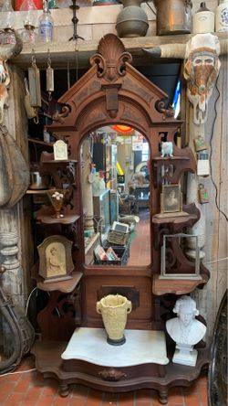 Antique Renaissance Revival Entryway Mirror Hall Stand With Marble