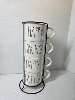 Four Rae Dunn Stacked Mugs HAPPY SPRING HAPPY EASTER in Metal Holder