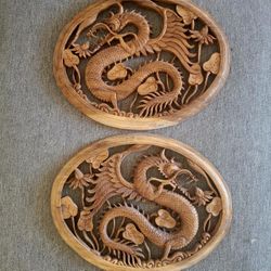 Pair Of Chinese Wood Carvings - Dragons - BEAUTIFUL 