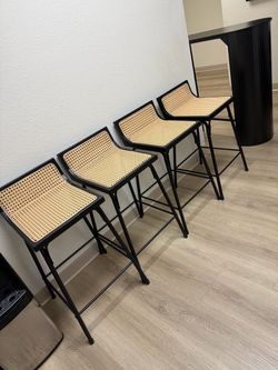 Set of 4 Cane Bar Stools with Black Metal Frame